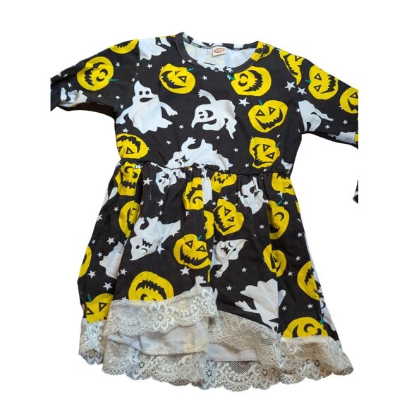 Halloween Girls Dress W/ Lace Trim Ghosts & Pumpkins Print Black/Yellow White Ki - Picture 1 of 4